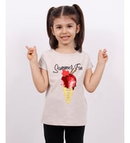 Toontoy Kız Çocuk Dondurma Baskılı Tişört (Kahve Melanj)