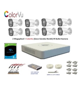 Hikvision 2mp 8 kameralı Dış ortam AHD HD-TVI ColorVu Gece Renkli Kamera Seti 2TB Disk