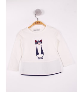 Toontoy Kız Çocuk Kedi Nakışlı T-Shirt (Ekru)