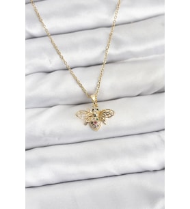 316L Çelik Zincir Gold Renk Sinek Model Zirkon Taşlı Kadın Kolye - TJ-BKO10875