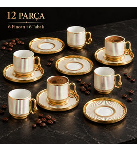 Valkyrie 12 Parça 6 Kişilik Türk Kahvesi Fincan Takımı 80ml Gold Detaylı 6 Fincan 6 Tabak K651-A