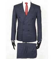 Jan Carlucci Slim Fit Sivri Yaka-Çift Yırtmaç  Lacivert Kareli Kruvaze Drop 6 Takım Elbise