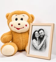 Size Özel Karakalem Fotoğraflı Çerçeve ve Peluş Maymun Hediye Seti
