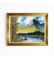 Tablore Altın Çerçeveli Bob Ross Tarzı Akarsu Ve Yeşil Dağ Manzaralı Kanvas Tablo