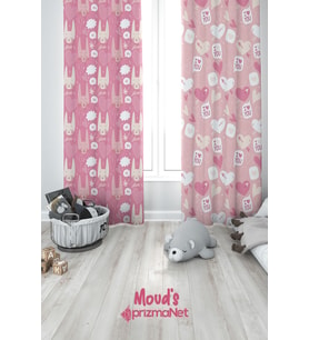Aşk ve Kedi Desenli Baskılı Çocuk ve Bebek Odası Fon Perdesi 2 Kanat - PRD-32