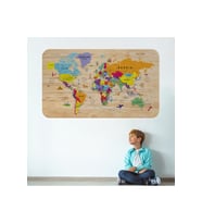 Ahşap Görünümlü Eğitici Detaylı Atlası Dekoratif Dünya Haritası Duvar Sticker-3842-60x105