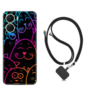 Vivo Y16 Kılıf Silikon Boyun Askılı İpli Desenli Silikon Neon Cats 1790