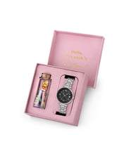 Polo Air Kadın Kol Saati Ve Smile Figürlü Mantar Tıpalı Özel Notlu Cam Dilek Şişe Gümüş Siyah Renk ST-2182S1 (Gümüş-Siyah)