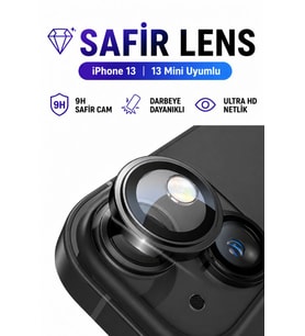 iPhone 13 / 13 Mini Siyah Metal Kamera Lens Koruyucu Safir Cam Ultra Net HD