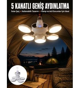 Kamp Lambası Işıldak Beyaz Işık Güneş Enerjili Solar Aydınlatma 5 Kanatlı Katlanabilir Yeni Nesil