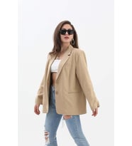 Kadın Kruvaze Yaka Oversize Blazer Ceket - Vizon