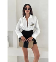 Dril Kumaş Paradise Baskılı Taşlı Gömlek Gold