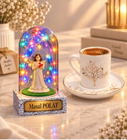 Hayat Ağacı Tasarımlı Premium Kahve Fincanı ve Kişiye Özel Yazılı Renkli LED Işıklı Şans Melekli Fanus