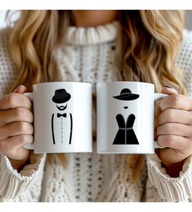 Çiftlere Özel Hediyelik 2'li Gelin Damat Silüetli 330ml Baskılı Beyaz Seramik Kupa Bardak