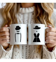 Çiftlere Özel Hediyelik 2'li Gelin Damat Silüetli 330ml Baskılı Beyaz Seramik Kupa Bardak
