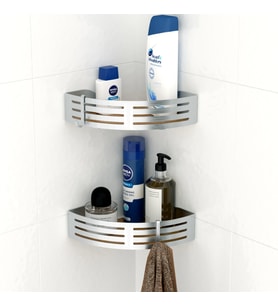 TEKNOTEL PASLANMAZ KANCALI BANYO KÖŞE RAFI PARLAK + AHŞAP DESENLİ TABAN BK269H