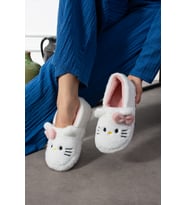 Hello Figürlü Kurdela Detaylı  Fiyonklu Kışlık Unisex Ev Terliği  Kaydırmaz Taban (Pembe-Beyaz)