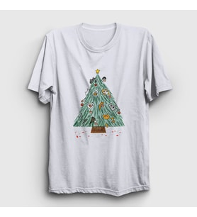 Presmono Unisex Beyaz Kedili Çam Ağacı Yılbaşı T-Shirt 269901tt