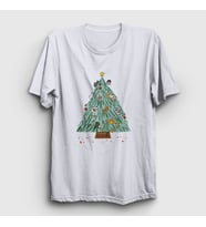 Presmono Unisex Beyaz Kedili Çam Ağacı Yılbaşı T-Shirt 269901tt