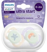 Avent Ultra Start Nighttime Emzik, 0-2 Ay, Ortodontik, 2'li Set, Fosforlu, Yeşil-Mavi