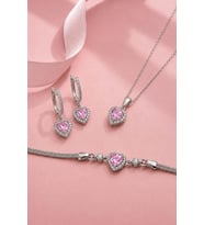 Gümüş Pazarım Pembe Taşlı Kalp Gümüş Üçlü Set