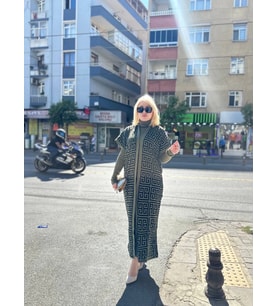 Siyah Çizgi Desenli Elbiseli Hırka Triko Takım Haki