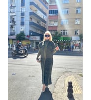 Siyah Çizgi Desenli Elbiseli Hırka Triko Takım Haki