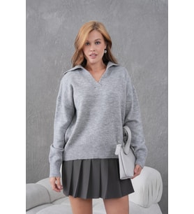 kadın gri polo yaka oversize yarım pat yumuşak dokulu triko kazak 8585sw