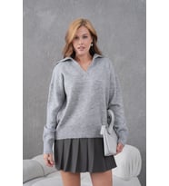kadın gri polo yaka oversize yarım pat yumuşak dokulu triko kazak 8585sw