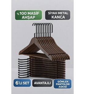 Şık Ahşap Elbise Askısı Seti 6’lı, Premium Ceviz Renkli Gömlek ve Pantolon Askısı