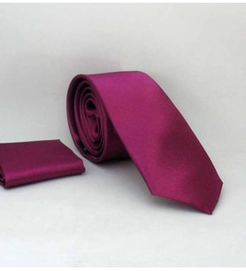 Mürdüm Slim Fit (ince) Düz Renk Mendilli Saten Kravat - SS-06 (Renksiz)