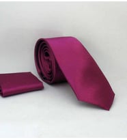 Mürdüm Slim Fit (ince) Düz Renk Mendilli Saten Kravat - SS-06 (Renksiz)