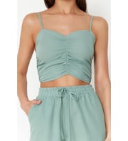 Moda Dokuma Düz V Yaka Plaj Mint Dokuma Bluz Pantolon Takım TBESS24AU00076