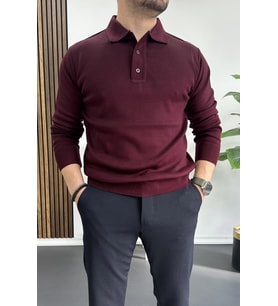 Erkek Düğmeli Polo Yaka Kazak Bordo Edw231