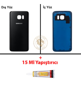 Samsung Galaxy S7 Siyah Renk Arka Kapak + B7000 Yapıştırıcı Arka Cam Batarya Kapağı Pil Kapağı Lazer Kesim Back Cover Galaxy S7 Uyumlu