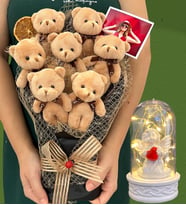 Fotoğraflı Büyük Boy 7'li Peluş Ayıcık Buketi ve Led Işıklı Beyaz Melekli Fanus (Model 2)