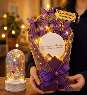Kişiye Özel LED Işıklı Aynalı Mor Kelebek Buketi ve Renkli LED Işıklı Unicornlu Fanus