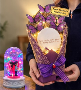 Size Özel Led Işıklı Aynalı Kelebek Buketi & Renkli Led Işıklı Fanuslu (Model 10)