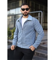 Vintage Kadife Deri Yaka Detaylı Ceket (Mavi)