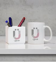 Fil ve Flamingo Tasarımlı Ü Harfi Kupa Bardak ve Kalemlik (Beyaz)