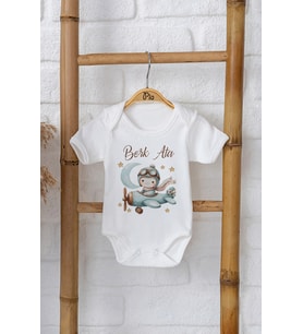 Pia Baby Premium %100 Pamuk İsme Özel Organik Baskılı Çıtçıtlı Bebek Body Zıbın Modelleri 5024-16 (Ekru)