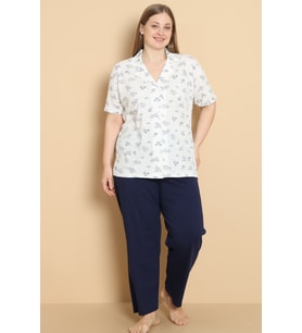 Mirano 4954 Yaprak Desenli Penye Kumaş Düğmeli Kısa Kollu Büyük Beden Kadın Pijama Takımı