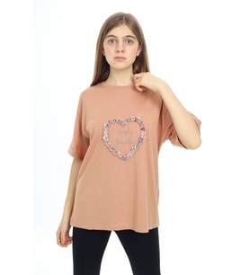 Kız Çocuk Tasarım Kalp Desenli T-Shirt 9-14 Yaş Lx036 PENGAİ Kids (Vizon)