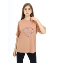 Kız Çocuk Tasarım Kalp Desenli T-Shirt 9-14 Yaş Lx036 PENGAİ Kids (Vizon)