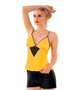 Sistina Bayan Sarı Siyah Saten Babydoll Şortlu Takım 291