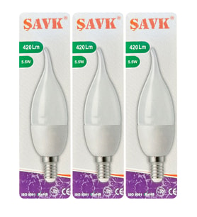 (3 Adet) Şavk 5,5W (37W) Beyaz Işık (6500K) E14 Duylu (İnce Duy) Led Kıvrık Ampul