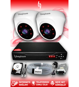 BAYICAM 2 Kameralı Dome 2 İç Kamera Set 250 GB HDD Full HD Gece Görüşlü Güvenlik Kamerası Sistemi (Beyaz)