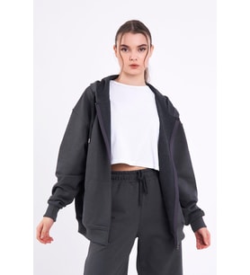 Antrasit Kanguru Cepli Kapüşonlu Fermuarlı Oversize Kadın Sweatshirt MTLCB73