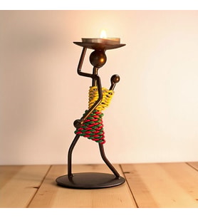 Retro Afrika Temalı Demir Mumluk / Şamdan Tutucu - Masaüstü Dekor (Yükseklik 13 cm) (Siyah)