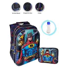 Kabartmalı Süper Batman Okul Çantası + Beslenme + Suluk Batman Çanta İlkokul Çanta Erkek Okul Çanta (Çok Renkli)